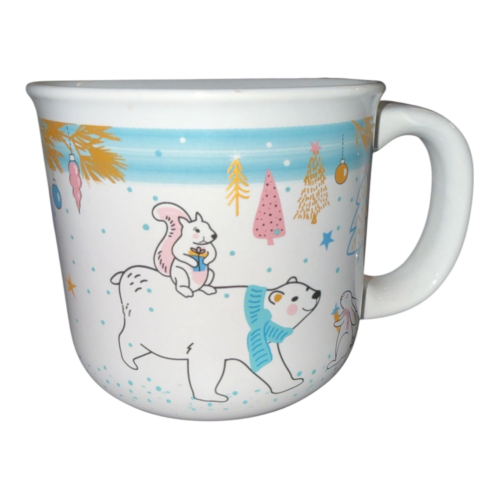 Holiday Winter Ceramic Mug with Polar Bear and Squirrel Design, White, 12 oz